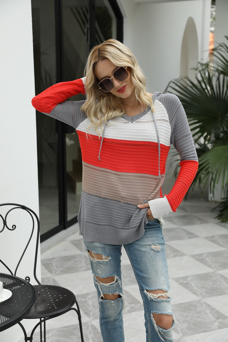 Women's Color Block Hooded Knit Sweater
