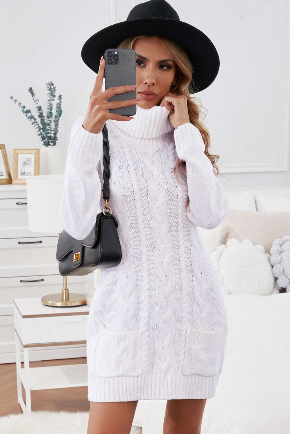 Women's Cowl Neck Cable Knit Sweater Dress