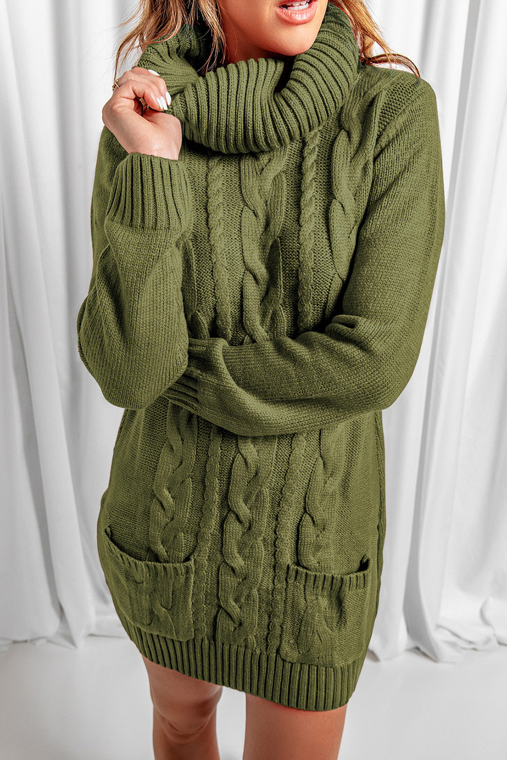 Women's Cowl Neck Cable Knit Sweater Dress