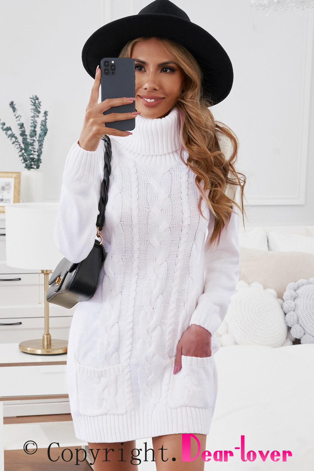Women's Cowl Neck Cable Knit Sweater Dress