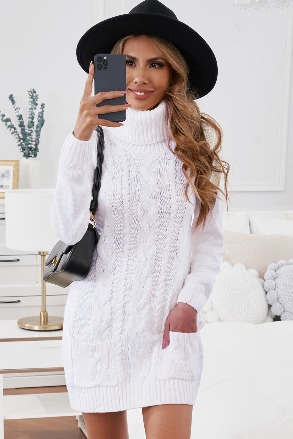 Women's Cowl Neck Cable Knit Sweater Dress
