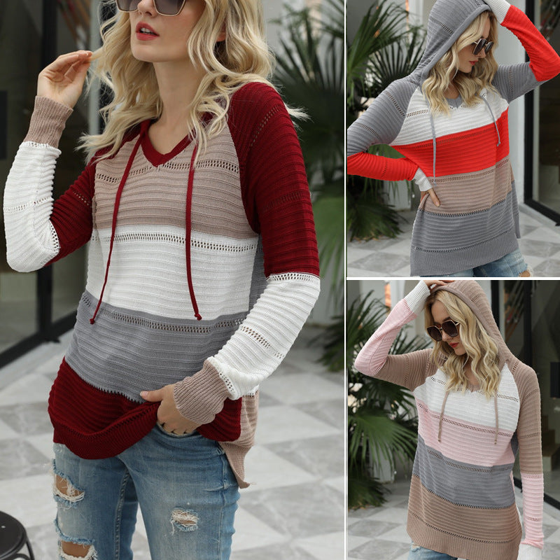 Women's Color Block Hooded Knit Sweater
