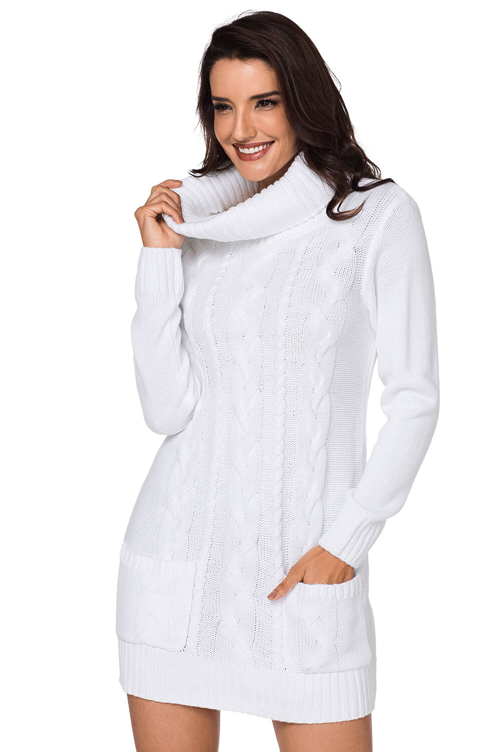 Women's Cowl Neck Cable Knit Sweater Dress