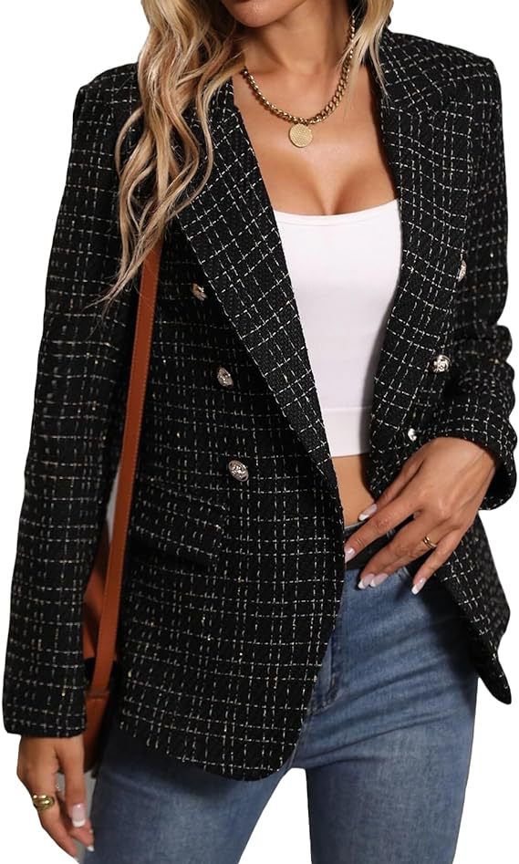 Chic Tweed Blazer for Women Fall Fashion Casual Jacket with Pockets