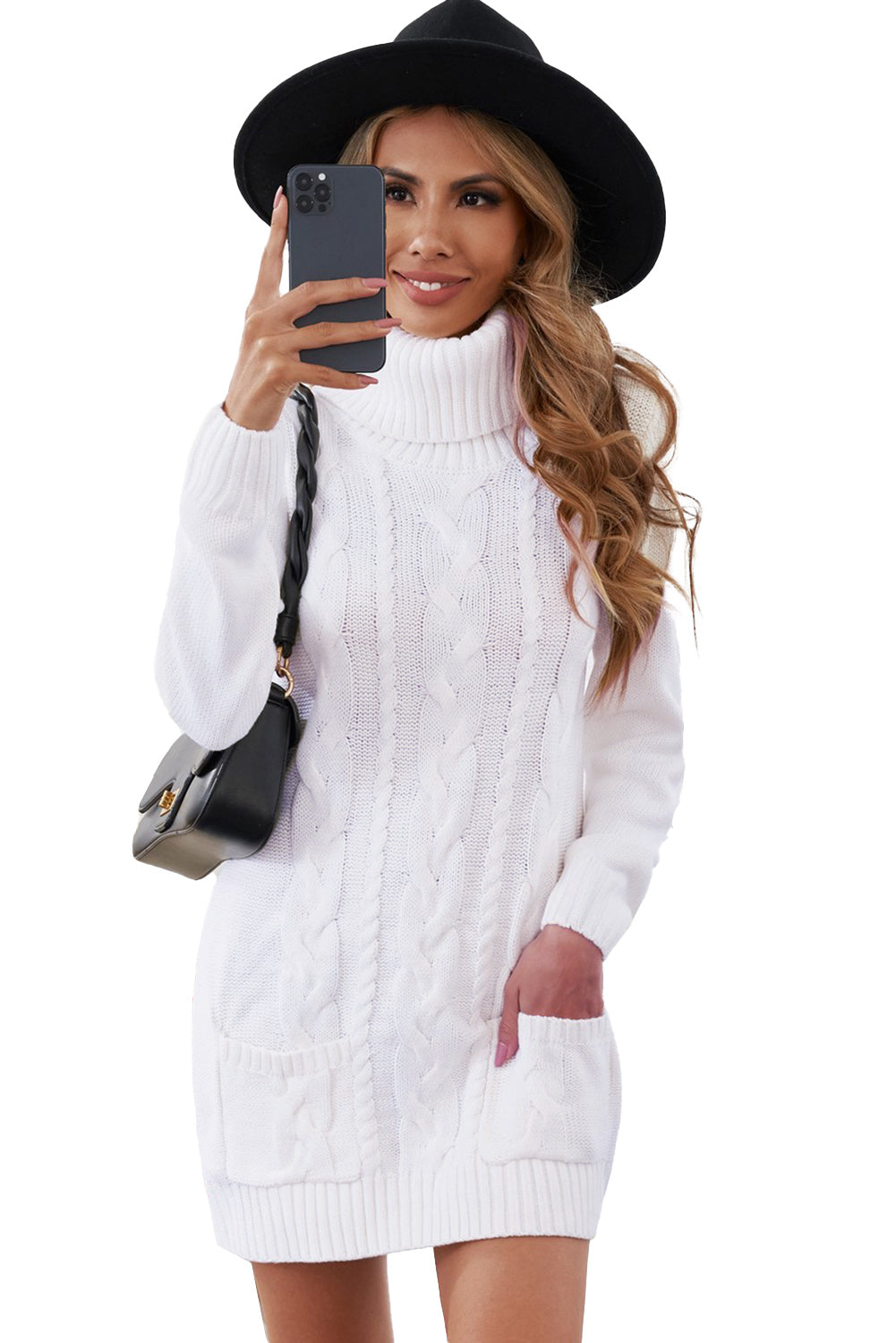 Women's Cowl Neck Cable Knit Sweater Dress
