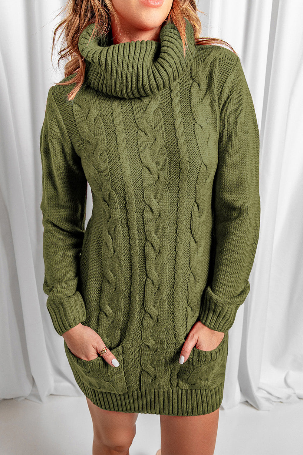 Women's Cowl Neck Cable Knit Sweater Dress