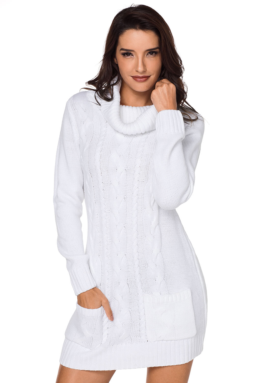 Women's Cowl Neck Cable Knit Sweater Dress